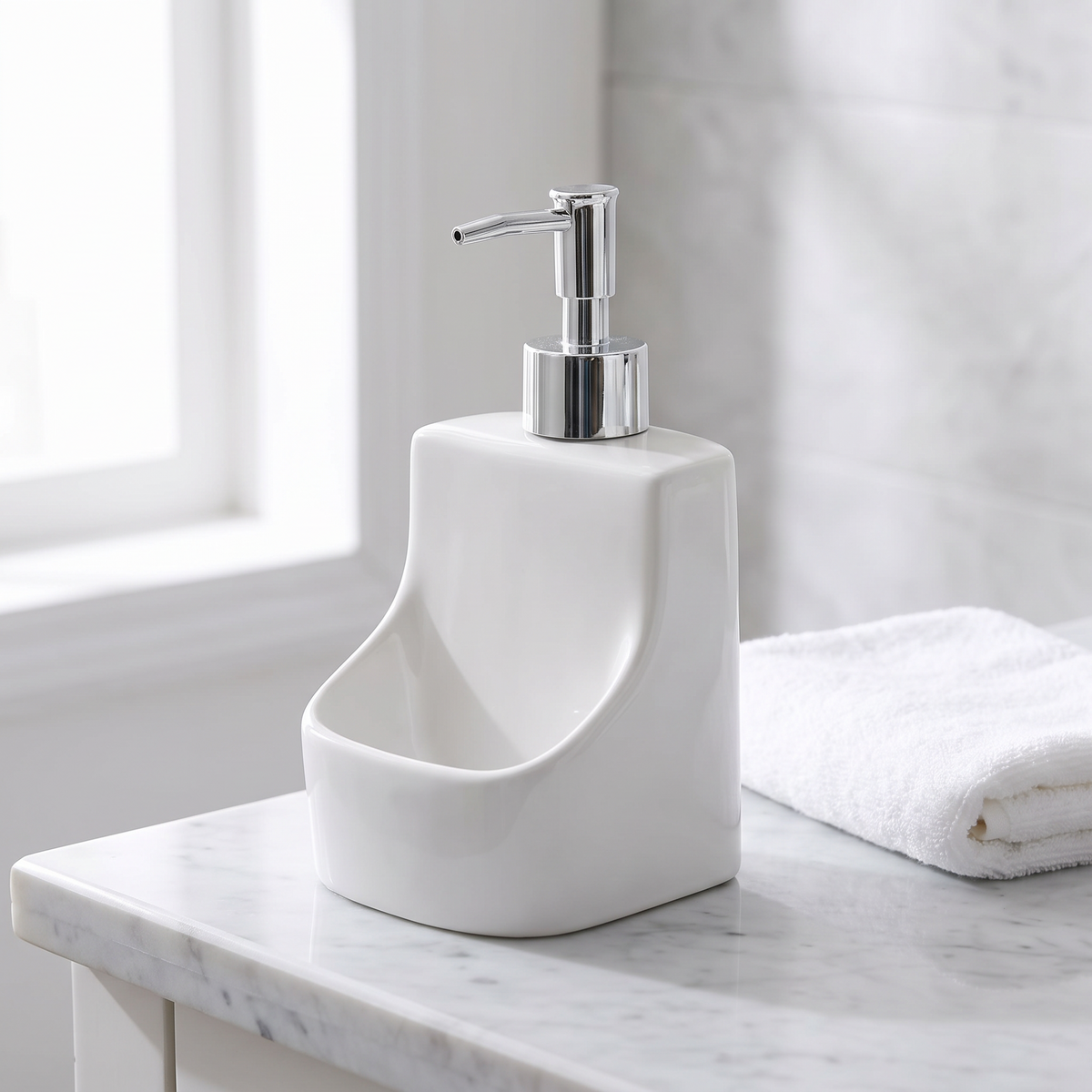 Ceramic bathroom accessory set, White, clean bathroom counter setting
