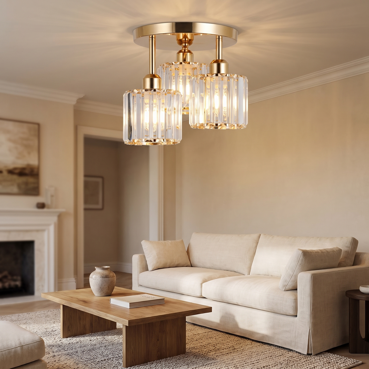 Gold Crystal Semi-Flush Ceiling Light - 3-Light