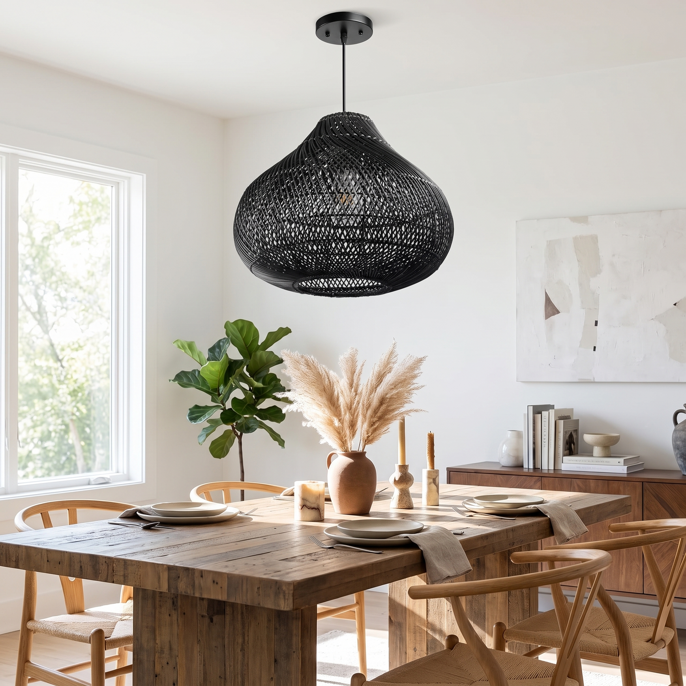 Beige Rattan Art Pendant - Black / 35cm