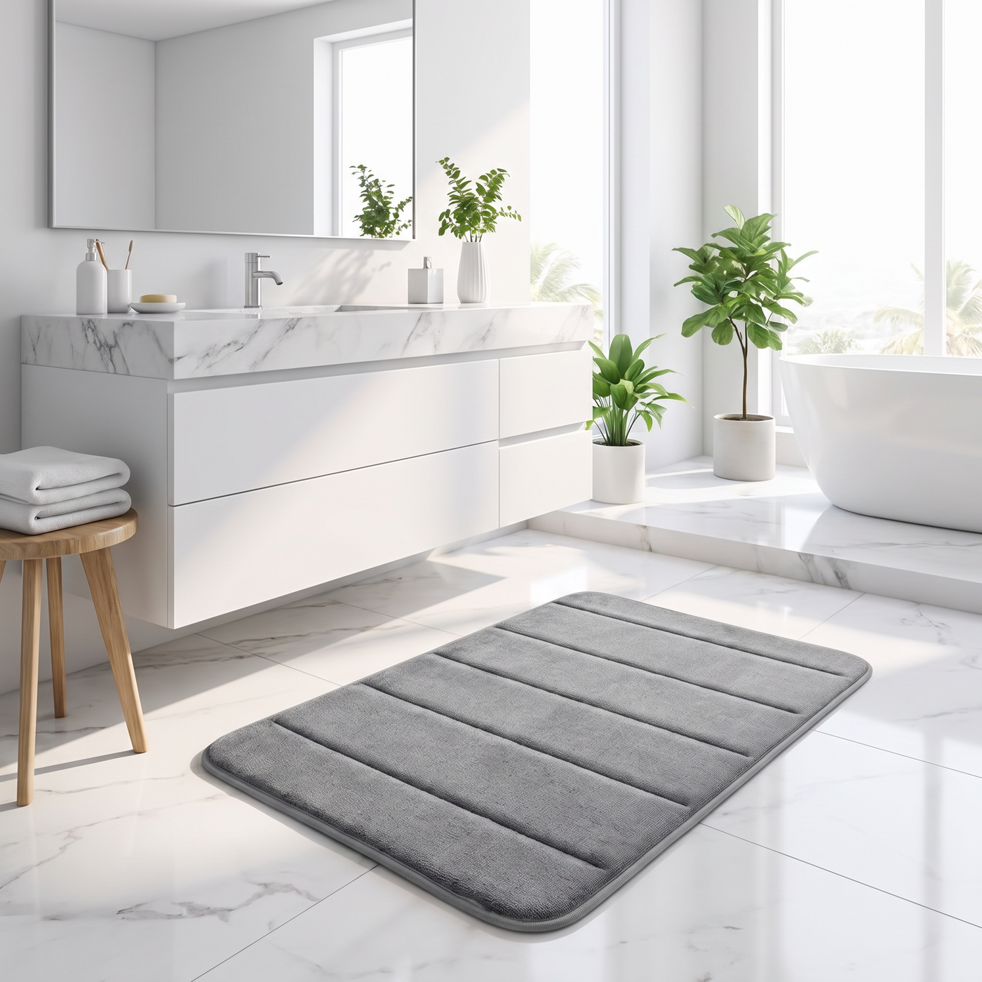 Striped Coral Fleece Bath Mat - Grey