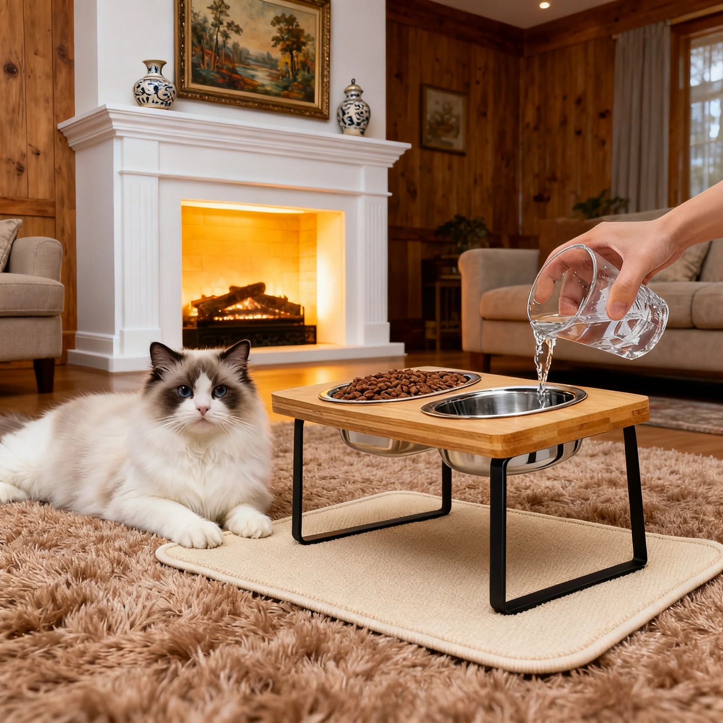 Elevated Wood Stand Cat & Dog Bowl Set