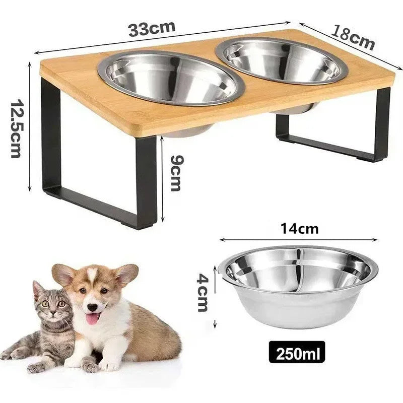 Elevated Wood Stand Cat & Dog Bowl Set