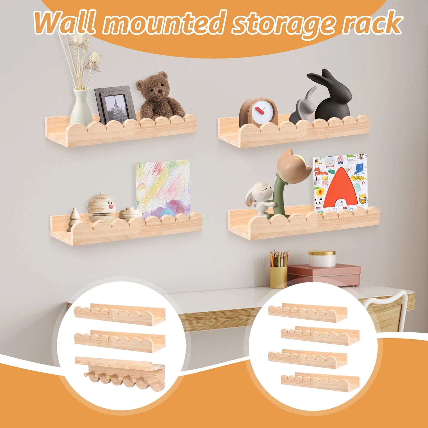 Scalloped Wood Wall Storage Shelf Set