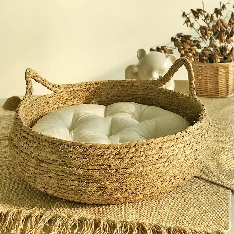 Handwoven Rattan Cat Bed Basket