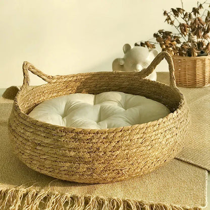 Handwoven Rattan Cat Bed Basket
