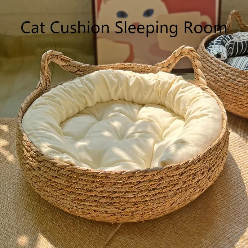 Handwoven Rattan Cat Bed Basket