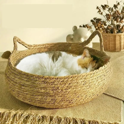 Handwoven Rattan Cat Bed Basket