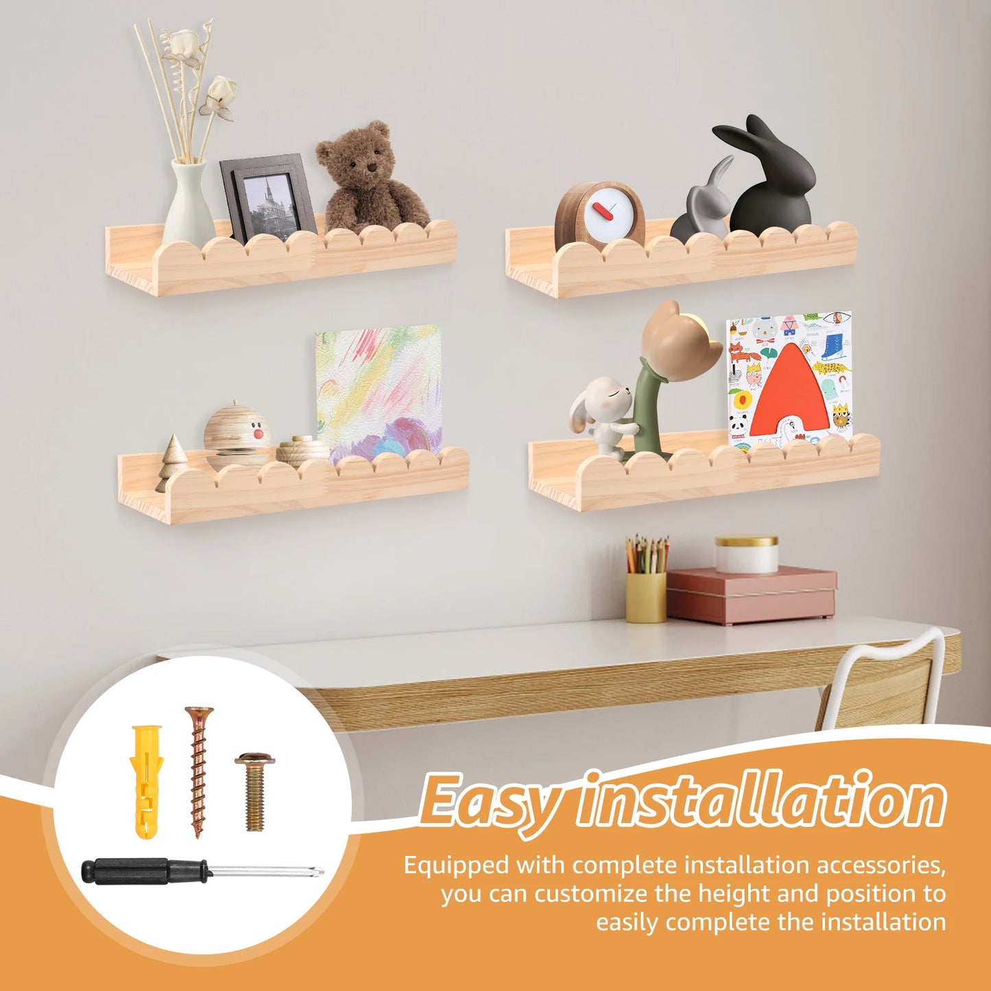 Scalloped Wood Wall Storage Shelf Set