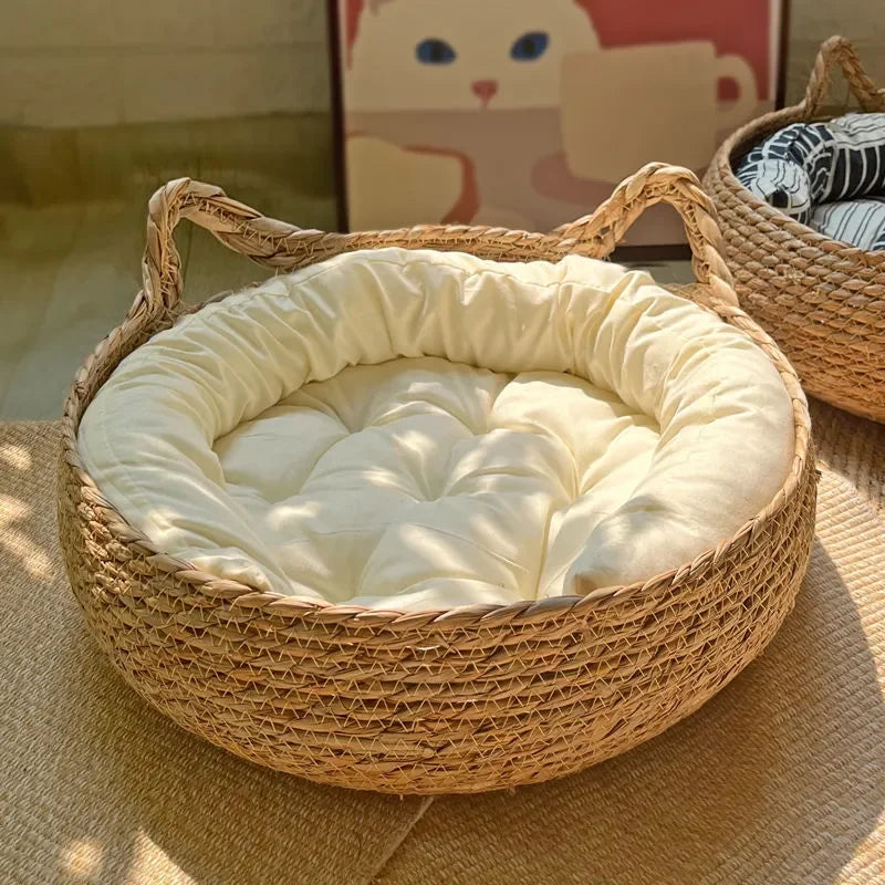 Handwoven Rattan Cat Bed Basket