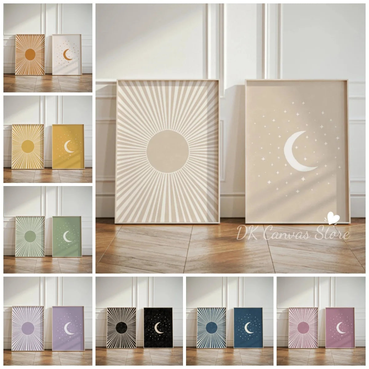 Boho Sun & Moon Canvas Art Set of 2