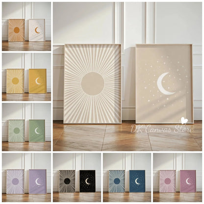 Boho Sun & Moon Canvas Art Set of 2