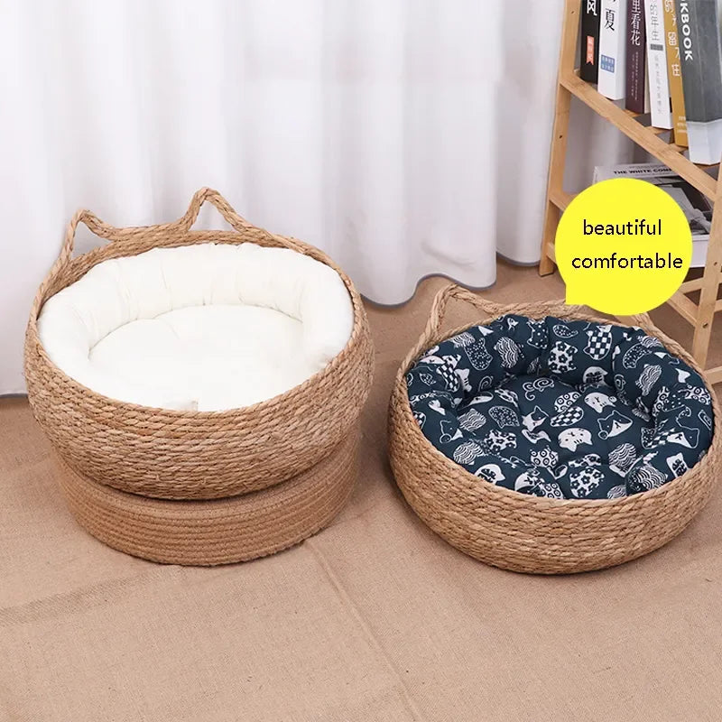 Handwoven Rattan Cat Bed Basket