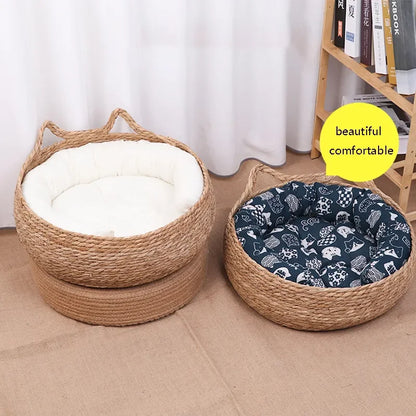 Handwoven Rattan Cat Bed Basket