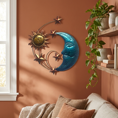 Sun moon star metal wall art in a boho living room