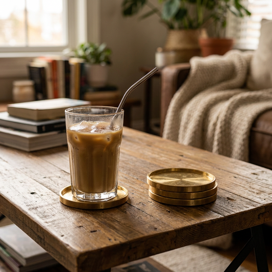 Brass copper cup coasters in use on a table