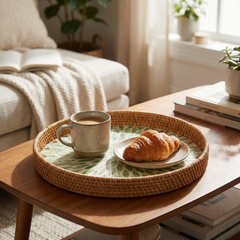 Round rattan serving tray styled on a table with coffee