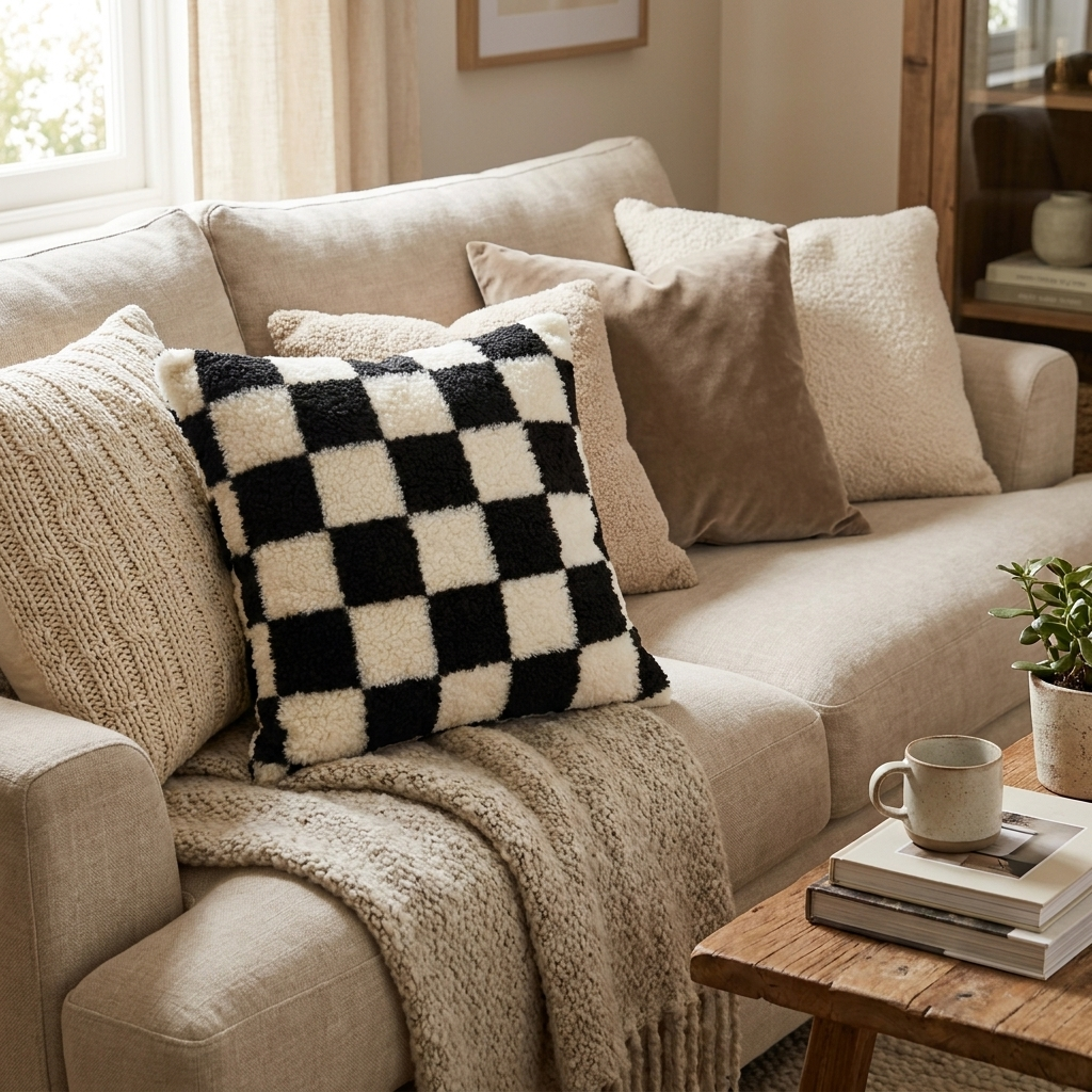 Black faux fur throw pillow on a cozy sofa