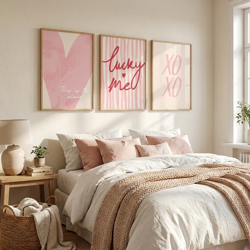 Pink Heart Canvas Wall Art Set of 3