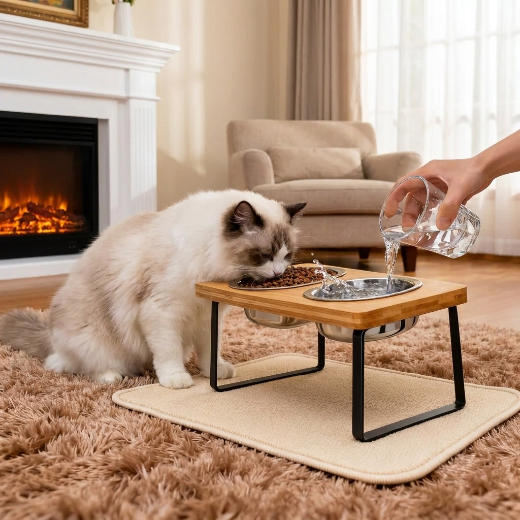 Elevated Wood Stand Cat & Dog Bowl Set lifestyle