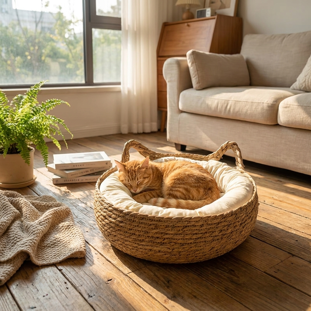 Handwoven Rattan Cat Bed Basket lifestyle photo