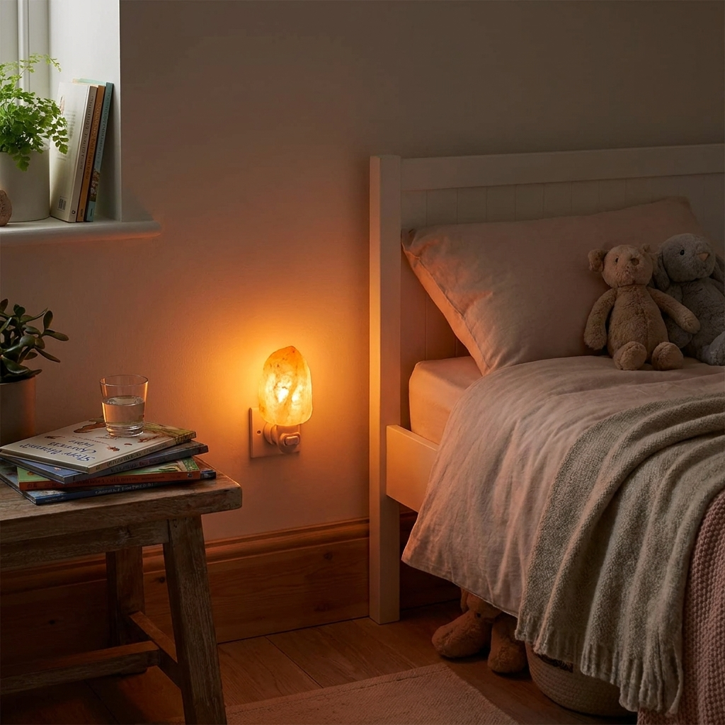 Himalayan Salt Lamp with LED Night Light in a lifestyle bedroom setting