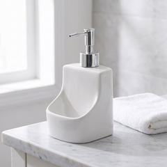 Ceramic bathroom accessory set, White, clean bathroom counter setting