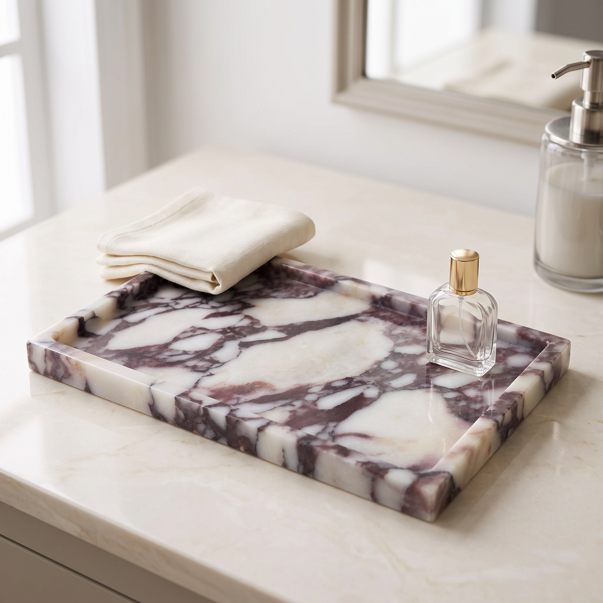 Marble vanity tray, Rosso Levanto Red, premium styled countertop