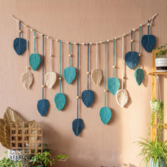 Boho leaf macrame wall hanging, Blue Storm, matched styling to Hearty Green and Pink Love
