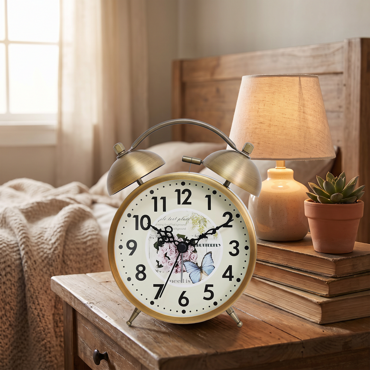 Vintage metal alarm clock, Butterfly Flower, styled nightstand