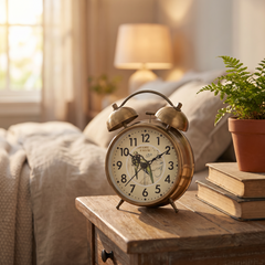 Vintage metal alarm clock, Bird, styled nightstand