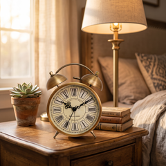 Vintage metal alarm clock, Rome, styled nightstand