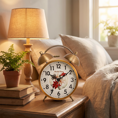 Vintage metal alarm clock, Red Flower, styled nightstand