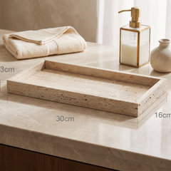 Travertine marble vanity tray, Tray A, premium styled countertop with measurement overlay