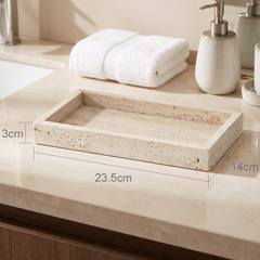 Travertine marble vanity tray, Tray B, premium styled countertop with measurement overlay