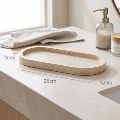 Travertine marble vanity tray, Tray C, premium styled countertop with measurement overlay