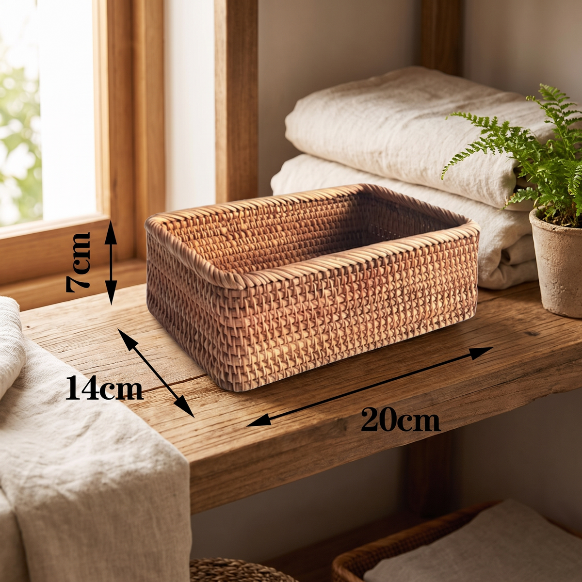 Handwoven rattan storage basket, Small, natural lived-in home setting