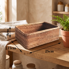 Handwoven rattan storage basket, Medium, natural lived-in home setting