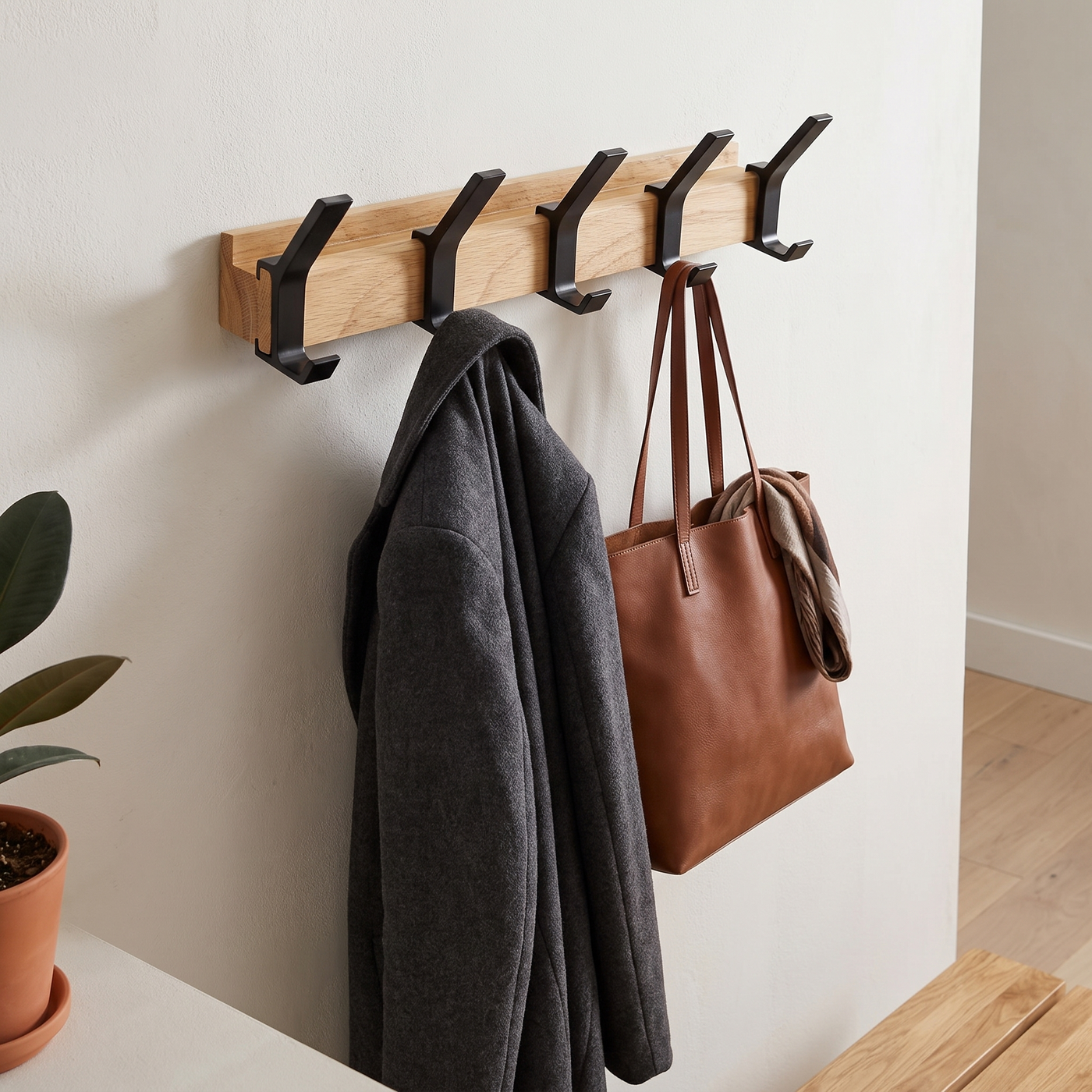 5-Hook Wall Coat Rack - Black, 5 Hooks