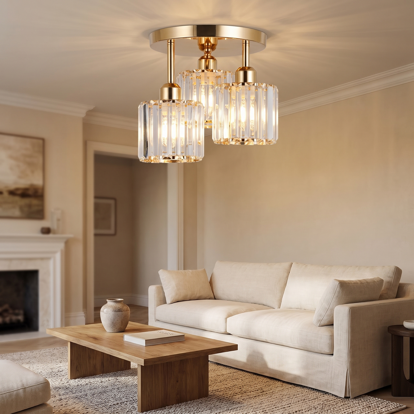 Gold Crystal Semi-Flush Ceiling Light - 3-Light