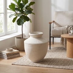 Zen Ceramic Floor Vase - Cream Matte, Ribbed