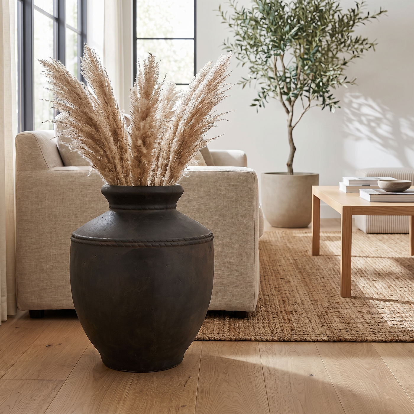 Zen Ceramic Floor Vase - Black Matte, Smooth