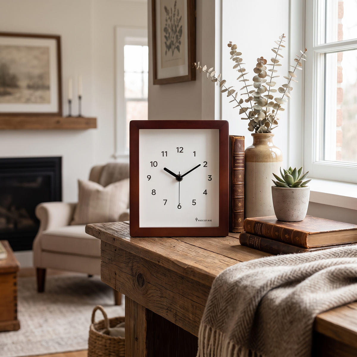 Solid Wood Square Table Clock - Mahogany Stain