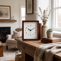 Solid Wood Square Table Clock - Mahogany Stain