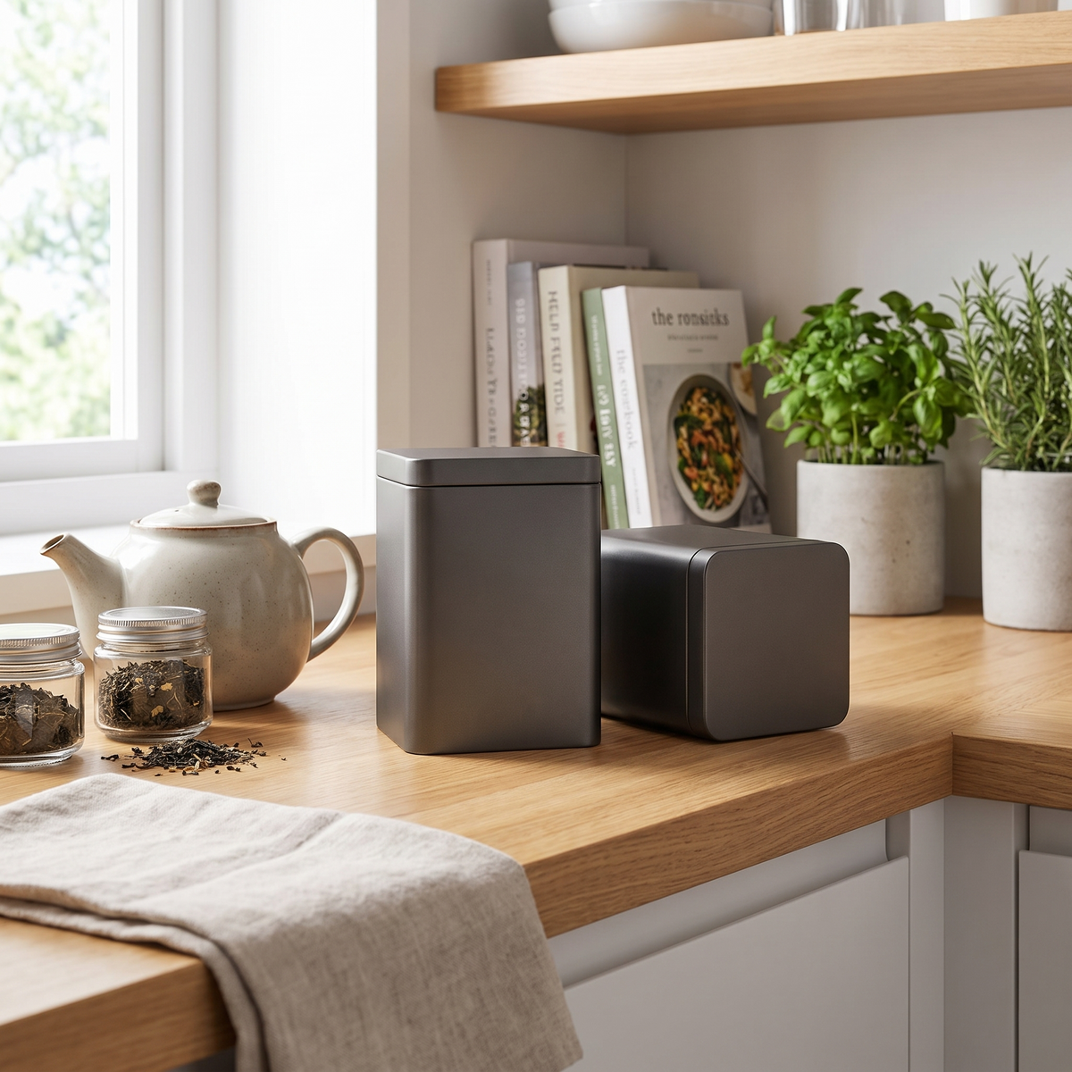 Square Metal Tea Tins - Dark Gray