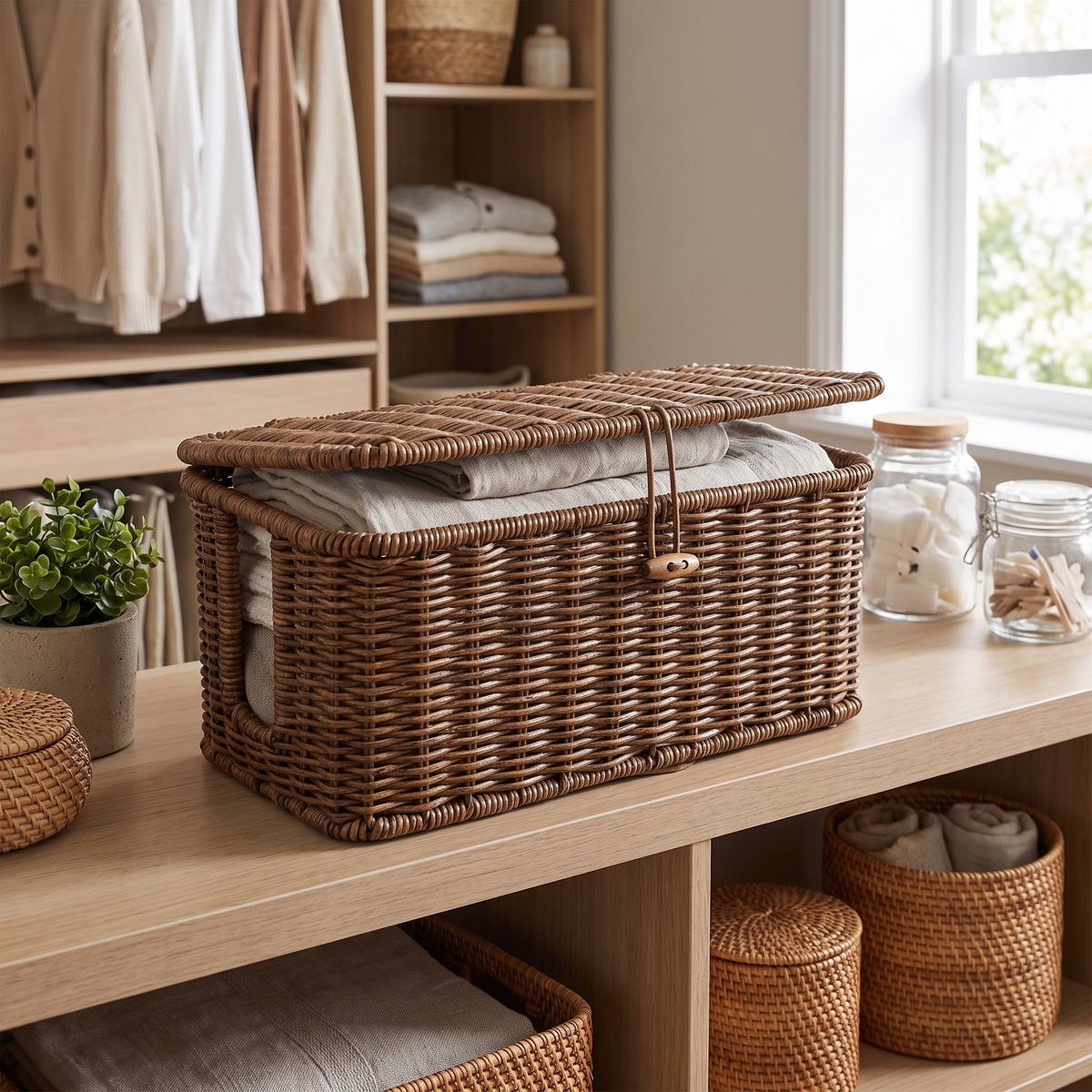 Rattan Pattern Storage Bin - Brown / L