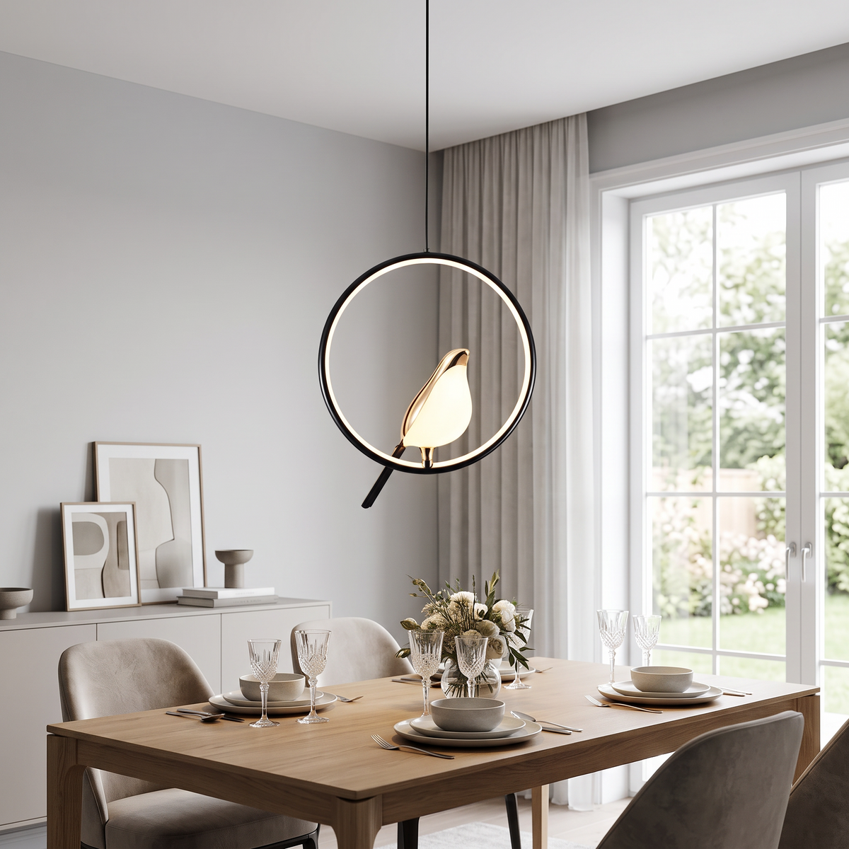 Magpie Bird Pendant Light - Circular – Black & Gold