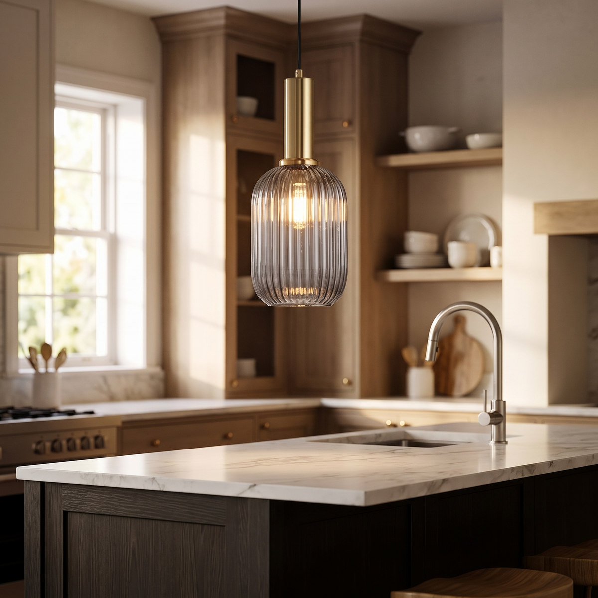 Ribbed Glass Pendant Light - Smoke Grey Glass – Gold Base