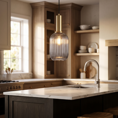 Ribbed Glass Pendant Light - Smoke Grey Glass – Gold Base