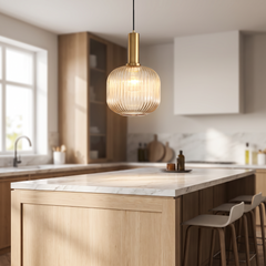 Ribbed Glass Pendant Light - Cognac Glass – Gold Base