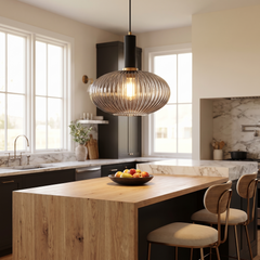Ribbed Glass Pendant Light - Smoke Grey Glass – Black Base
